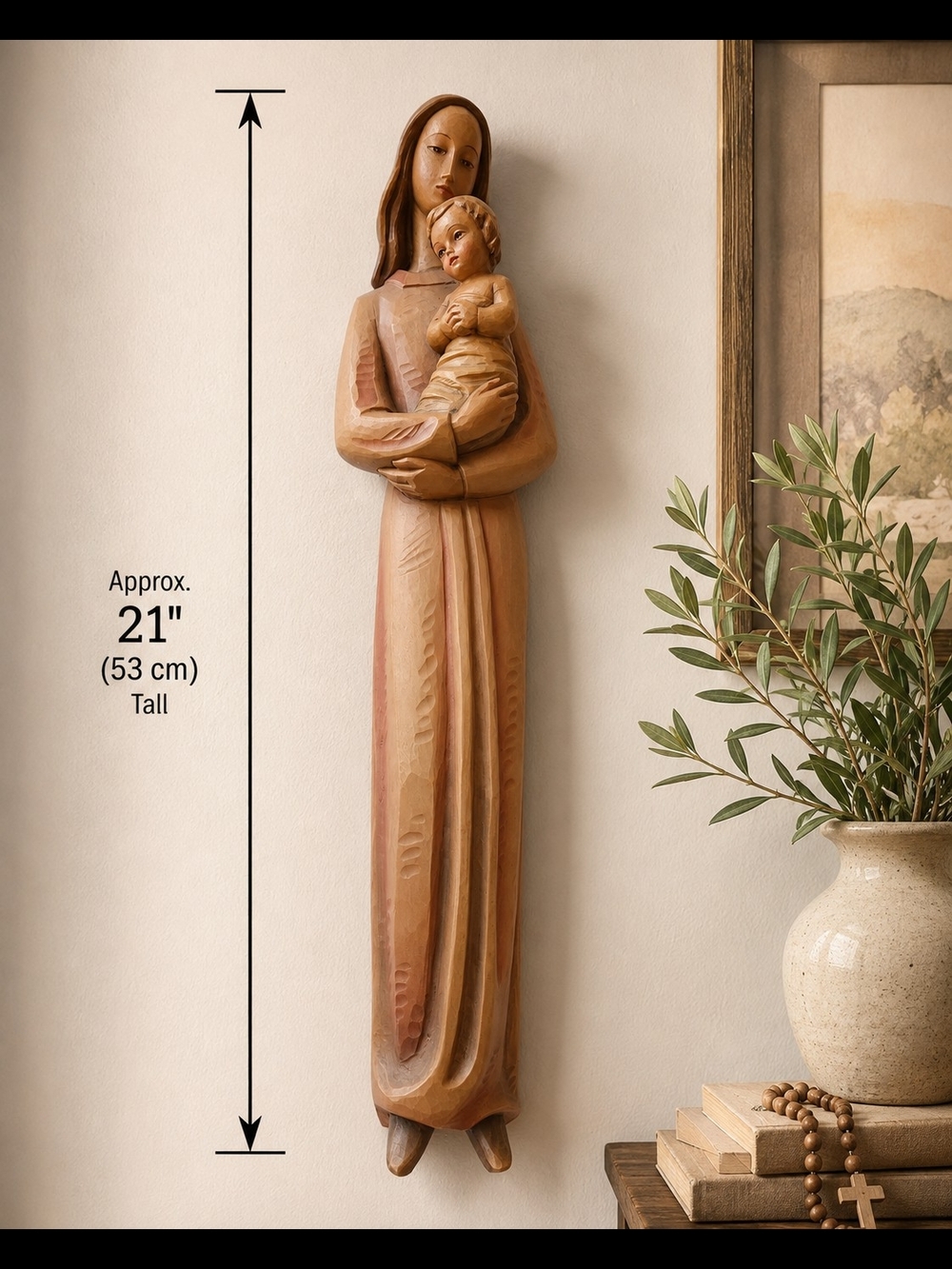 21" TALL Handcarved Wood Madonna & Child Statue Religious Wall Sculpture Vintage